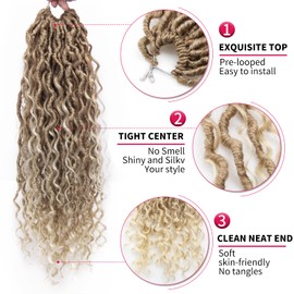 Curly Faux Goddess Locs Crochet Hair 18Inch Pre Looped Synthetic Deep Curly Hairstyle Hippie Locs Crochet Braids Extensions（27/613,18inch(Pack of 8))