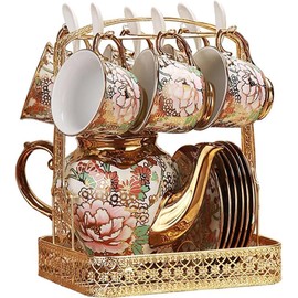 TEAKPOK 20 Pcs Porcelain Tea Set Larger Version Vintage European Style Ceramic Tea Set Coffee Set With Medal Holder and 6 cup set