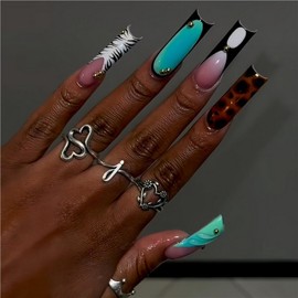 Medium Press on Nails Square French Tip Fake Nails 3D False Nails with Zebra Leopard Print Gold Bean Designs Fall Vintage Acrylic Nails Autumn Glossy Glue on Nails for Women Girls 24Pcs