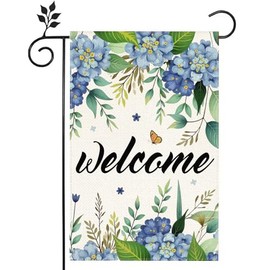 Welcome Spring Blue hydrangea butterfly Garden Flag 12x18 Double-sided Burlap Welcome Garden Yard House Flag for Outdoor Welcome Spring Summer Decoration