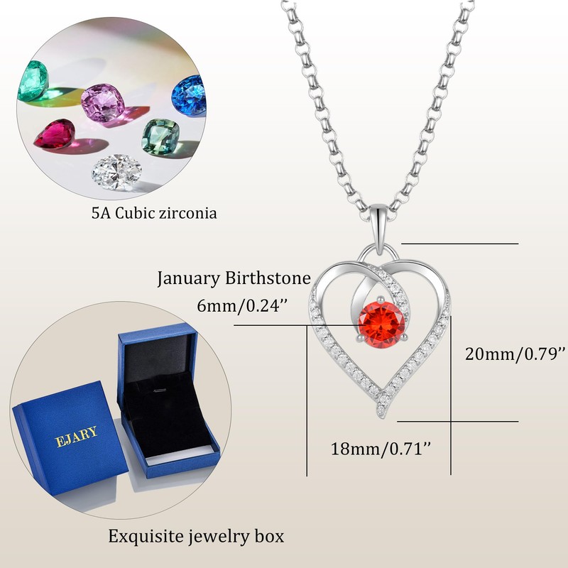 EJARY Heart January Birthstone Garnet Necklaces for Women,925 Sterling Silver