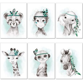 artpin® Set of 6 Pictures for Children's Room Boys Girls in Mint Grey Feather - Poster Forest Jungle Baby Room Indian Animals P62