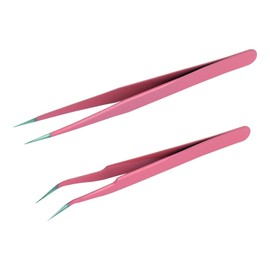 2Pcs Eyelash Tweezers, Nair Art Tweezers Straight and Curved Tip, Lash Tweezers, Eyelash Extension Tweezers (Pink-2Pcs)