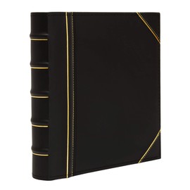 Executive Binder, English Leather, Hand Stitching and Ribbed Spine, Heavy Duty 1" Inch 3 D-Ring with Buster, Black and Gold (1" inch)