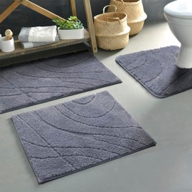 Zeeinx Bathroom Set 3 Piece Non-Slip Absorbent Bath Mats for Tub Shower, Machine Washable U-Shaped Contour Toilet Rug, Grey