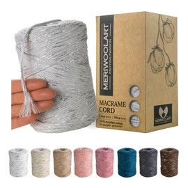 MeriWoolArt Grey Macrame Yarn, 3 mm, Colourful, 200 m, Super Soft, Single Twist Macrame Cord, Oeko-Tex, 96% Recycled Cotton, DIY, Boho Decoration, Macrame Cord