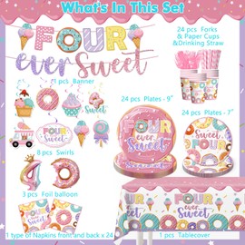 157pcs Four Ever Sweet Birthday Decorations Girl Include Banner, Hanging, Plates and Napkins, Tablecloth, Paper Cups, Forks, Straws, Donut 4th Birthday Balloons, for 4th Birthday Decorations Girl