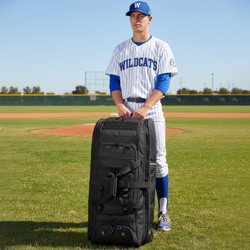 Catchers Gear Bag with Wheels for 4 Bats, Rolling Baseball