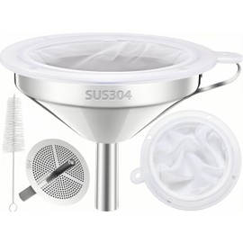 Funnel for Filling Bottles, 5 Inch Food Grade 18/8 Stainless Steel Kitchen Funnel with 200 Mesh Filter Strainer for Fryer Oil Grease Juice Milk Coffee