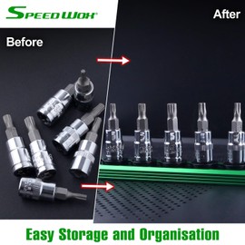SPEEDWOX Magnetic Socket Organizer 1/4-Inch Drive Aluminum Alloy Socket Rail Heavy Duty Socket Holder 360° Swivel Clips Socket Holder Kit Socket Organizer Holder Tool 1/4-Inch with 14 Clips Green