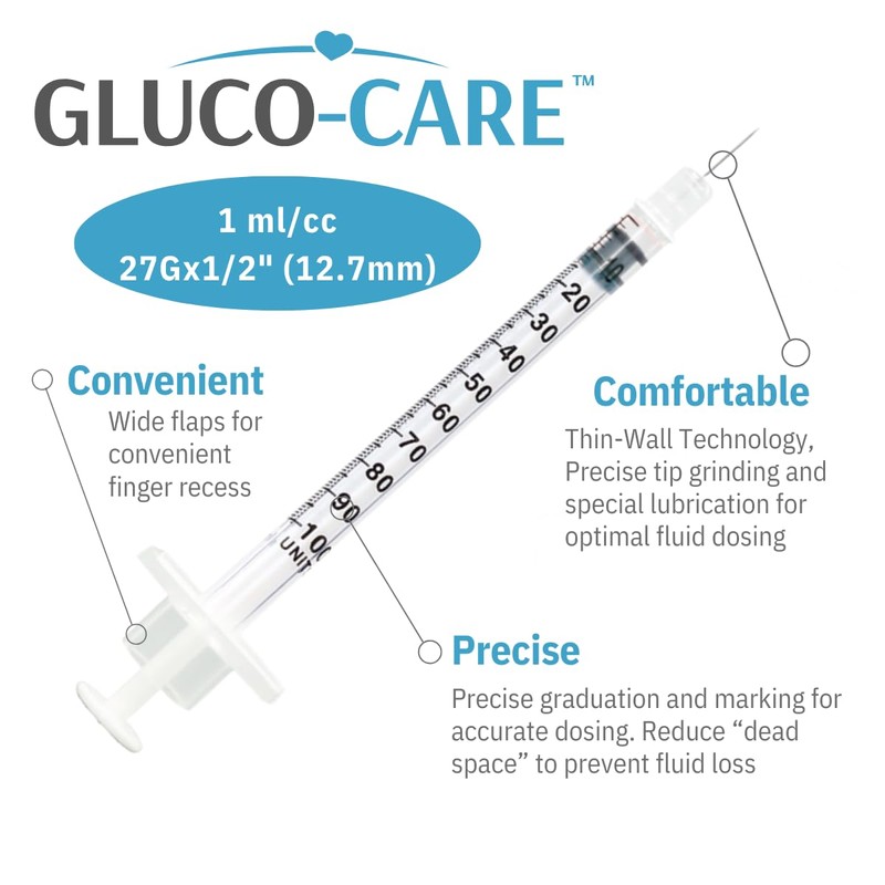 GLUCO-CARE 1 ml/cc Syringes 27G x 1/2’’ (12.7mm), Orange Cap,