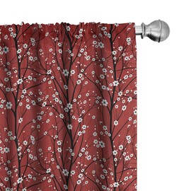 Lunarable Floral Cortina de Microfibra, Pétalos de Cerezo Árbol de la Flor, Window Treatments 2 Panel Set for Living Room Bedroom Decor, 56" x 84", Rubí Blanco Negro