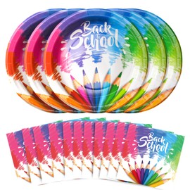 Dereinwo 50Pcs Back to School Paper Plates and Napkins Disposable paper plates for Back to School Party Supplies(Rainbow Pencil Design)