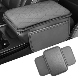 Wavy Pattern Car Armrest Cushion with Side Storage PU Leather Memory Foam Console Pad, Waterproof and Universal Fit for Cars and SUVs- Gray