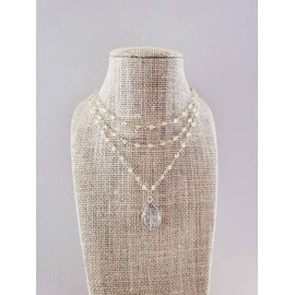 Triple Crystal Layering Rosary Chain Necklace Gold Clear Beads Gift for Her