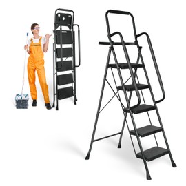 5 Step Ladder, Protable Steel Folding Stool with Wide Anti-Slip Pedal, Tool Platfor, Sturdy Steel Ladder, Black