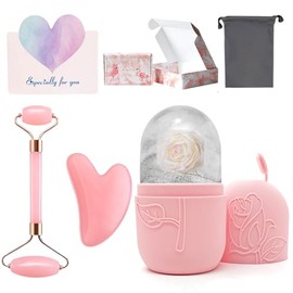 Face Ice Compress Scraping Gift Box, incluye rejilla de hielo de silicona para compresas faciales, rodillo de cristal en polvo, tabla de raspado de cr