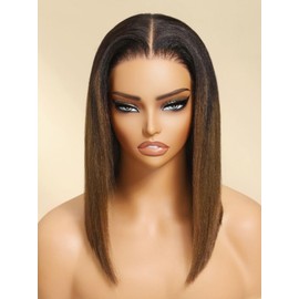 UNICE Bye Bye Knots 7x5 HD Pre Cut Lace Yaki Straight Bob Wig Chestnut Brown Ombre Human Hair Glueless Wig Pre Plucked Bleached Invisible Knots Natural Hairline 150% Density for Women 10 Inch