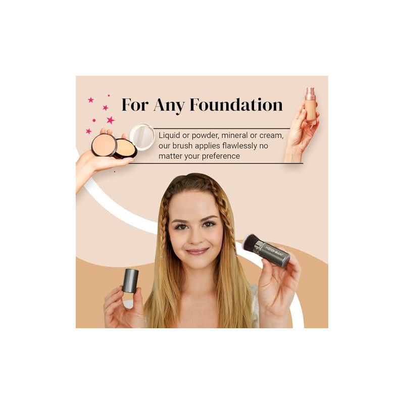 Keshima Brocha Maquillaje Retráctil Punta Plana Kabuki Base Líquido Polvos