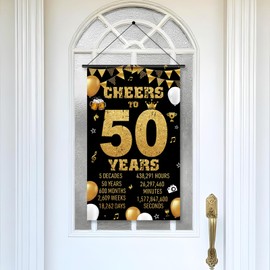 PHXEY Fabric Cheers To 50 Years Banner Black Gold, 50th Birthday Decorations for Men Women, Golden 50th Wedding Anniversary, 50th Reunion Together Event Yard Sign Photo Backdrop Decor Supplies