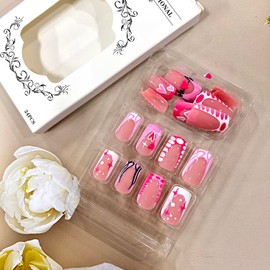 Pink EKG Press on Nails Medium Valentine's Day Acrylic Nails Pink Love and Stars Design Holiday False Nails French Coffin Nails Full Cover Square Stick on Nails Cute Glue on Nails for Women 24Pcs