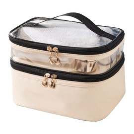Double Layer Makeup Bag Waterproof, Spacious Alloy Zippers Durable Handle Essential Organizer for Home and Travel (Beige)