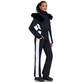 GS SNOWING Women's Ski Suit One Piece Faux Fur Collar Snowsuits Snowboard Outdoor Insulated Waterproof Windproof Jumpsuits #02Black+White S