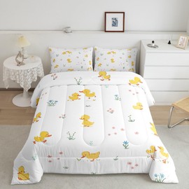 Homewish Cute Duck Comforter Set Queen Size 3Pcs Kids Boys Girls Cartoon Flowers Leaves Quilt Set Farmhouse Animals Plants Bedding Set Teens Adult Room Decor Yellow White Duvet Insert,2 Pillowcases