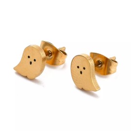 LZD Stainless Steel Stud Post Earrings Cute Scary Ghost Gold E30