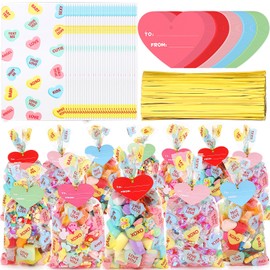 Noveread 200 Pcs Valentines Day Conversation Hearts Cellophane Treat Bags Valentine Gift Bags Plastic Goodie Clear Candy Bags with 100 Heart Tags for Valentines Party Favors Supplies Wedding