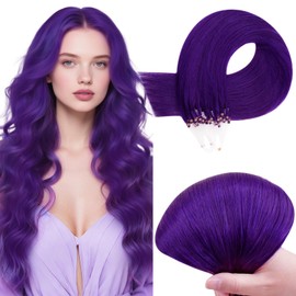 RUNATURE Micro Ring Extensions, Real Hair, Purple, 50 cm, Remy Micro Loop Extensions, Real Hair, Straight, Purple, Colourful Micro Ring Real Hair Extensions, 25 g, #Purple