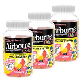 Airborne Airborne 500mg Vitamin C + Zinc Immune Support Supplement Gummies for Kids, Assorted Fruit Flavor, Gluten Free Crafted Blend with Powerful Antioxidants Vitamins C & E, 21 Gummies (3 Pack)