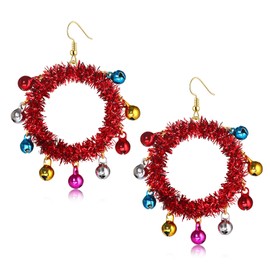 JERTOCLE Christmas Wreath Earrings for Women Glitter Tinsel Christmas Jingle Bell Hoop Dangle Earrings Holiday Party Jewelry Gift Xmas Festive Accessories