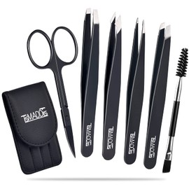 Eyebrow Tweezer Set, TsMADDTs 6 Pcs Tweezers Set for Women, Precision Tweezer for Eyebrows with Curved Scissors for Ingrown Hair, Hair Plucking Daily Beauty Tools with Leather Travel Case(Black)