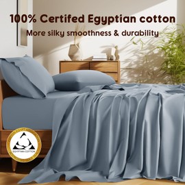 Shilucheng 100% Cotton Queen Size Sheets Set - 1500 Thread Count，Luxury Egyptian Cotton Bed Sheets，5-Star Hotel Quality Sheets, Breathable & Cooling, 16 Inch Deep Pocket - 4 Piece (French Blue)