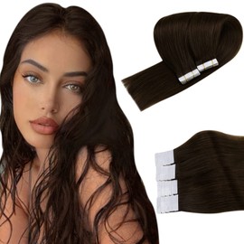 Easyouth Tape-On Real Hair Extensions Brown Hair with Tape Extension Real Hair Colour Darkest Brown 22 Inches 50 g Real Hair Tape