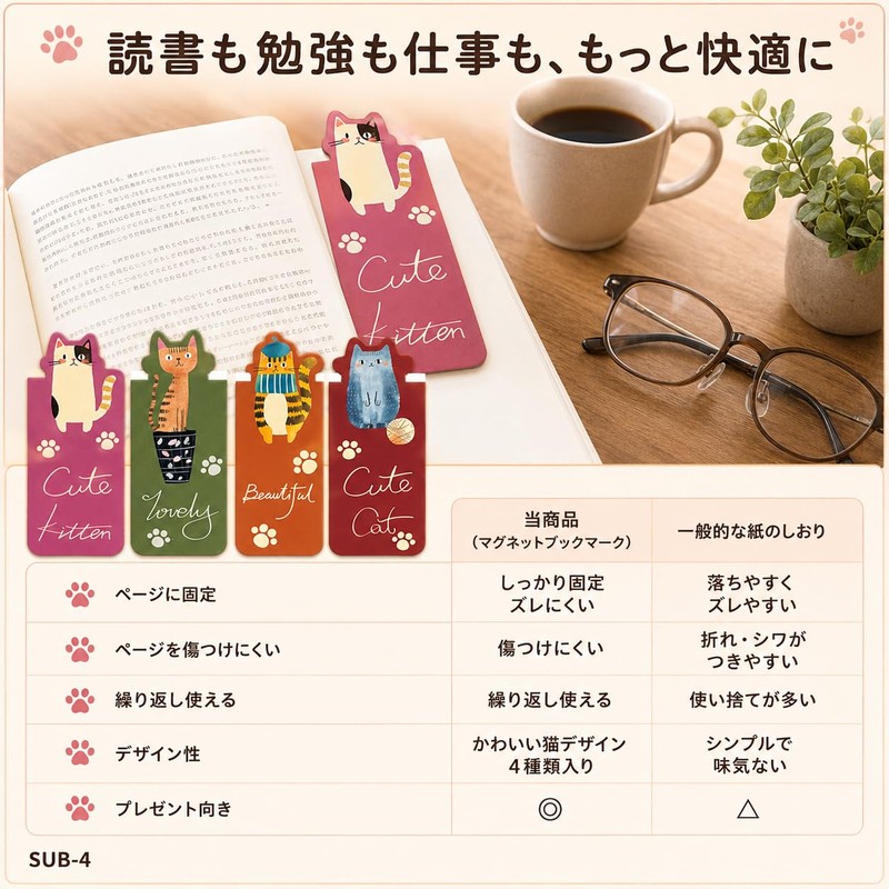 マグネットブックマーク 猫 4枚セット かわいい しおり 磁石 ブックマーカー 猫グッズ 文房具 読書
