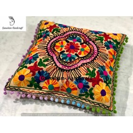 GANESHAM Indian Home Decor Floral Cotton Throw Pillow Case Hand Embroidered Suzani Sofa & Couch Handmade Cushion Cover (Beige)