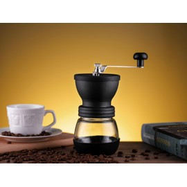 Manual Coffee Grinder With Adjustable Settings, Portable Conical Burr Grinder for Household, Office, Camping or Travel, Black With Visual Powder Bin.