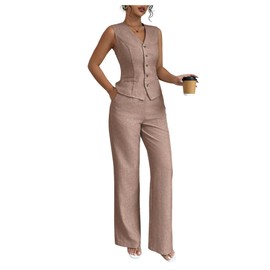 SOLY HUX Women's 2 Piece Outfits V Neck Button Down Vest Tops and High Waisted Pants Set Office Work Suit Solid Redwood Medium