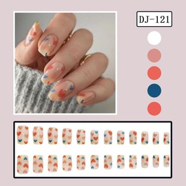 Valentines Press on Nails Medium Square Fake Nails with Hearts Design Pink Love Shape False Nails Colorful Cute Valentines Nails Full Cover Acrylic Glue on Nails Winter Stick on Nails for Women 24Pcs