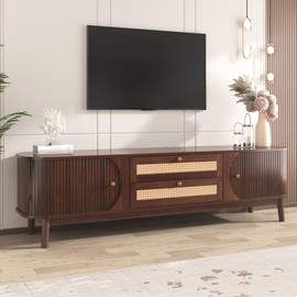 Virubi Rattan TV Stand for TVs up to 75'', Boho Entertainment Center with 2 Doors & 2 Drawers, Long TV Console with 2 Cord Holes, Solid Wood Feet, Vintage Console Table for Living Room - Brown