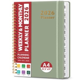 2026 Planner, Weekly and Monthly Planner, January 2026 - December 2026, Hardcover 2026 Calendar Planner Book with Tabs For Women & Men, Inner Pocket, Spiral Bound, Perfect for Office Home School Supplies - A4 (8.5" x 11"), Green