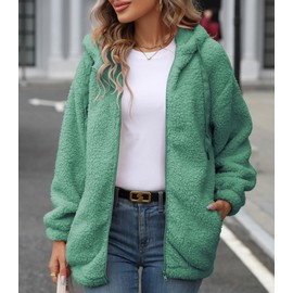 Vipwest Womens Fleece Jacket with Hoodie Autumn Long-Sleeve Solid Lightweight Casual Cozy Coats Outerwear with Pockets (Green, X-Large)