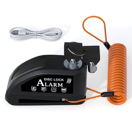 JAGASOL Motorcycle Lock Rechargeable, Alarm Disc Brake Lock with Reminder Cable, 110 dB Alarm Sound, Anti-Theft Waterproof, 2 H Fast-Charging, 9 Months Standby, 7 mm Lock Pin Universal for Bikes