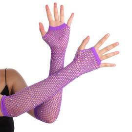 OTPEH Women Fishnet Rhinestone Gloves Fingerless Kids Fish Net Arm Sleeve Warmers 80s Emo Scene Accessories Purple
