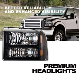 CNNELL Headlights Assembly Compatible with 2005 2006 2007 Ford F250 F350 F450 F550 SuperDuty(F Clear lens Black Housing Amber Reflector)