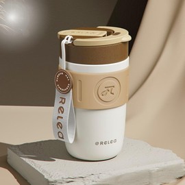 400ml Spill-Proof Insulated Coffee Cup, 316 Stainless Steel Student Water Cup with Straw, Portable Sports Travel car Cup for 6-Hour Cold Drink and 12-Hour hot Coffee (3 Colors) (Mellow Coffee)