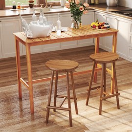 HAPPYGRILL Acacia Wood Outdoor Bar Table 55 Inch, Rectangular Pub Table with Slatted Top and Adjustable Foot Pads, for Hot Tub, Balcony, Garden and Poolside