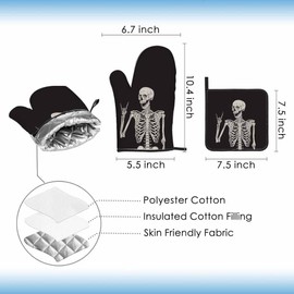 Samgula Human Skeleton Oven Mitts and Pot Holders Sets Funny Pose Happy Face Heat Resistant 3pcs for Cooking Baking BBQ